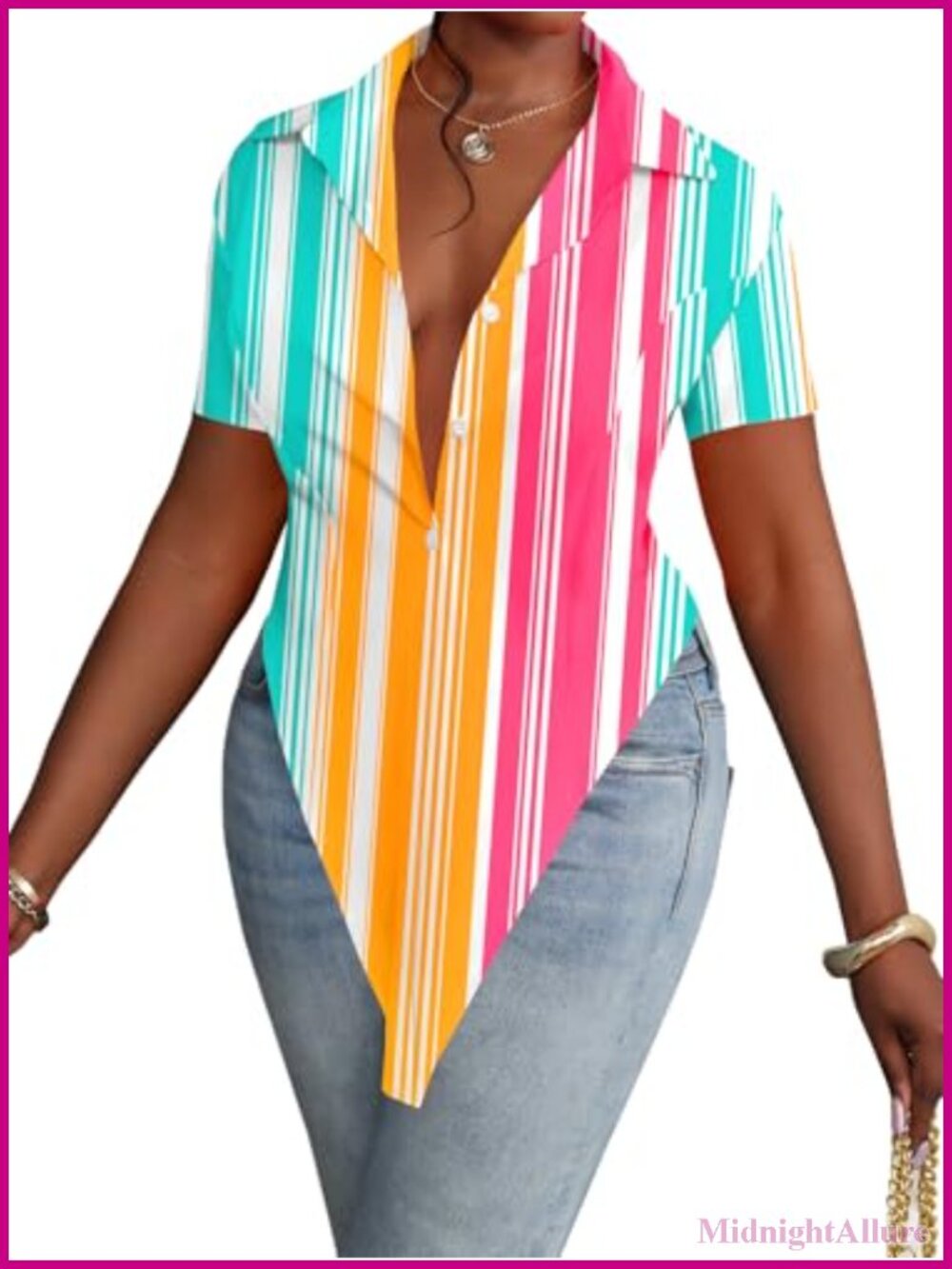 V-Neck Button Down Blouse Short Sleeve Asymmetrical Hem Tunic Top